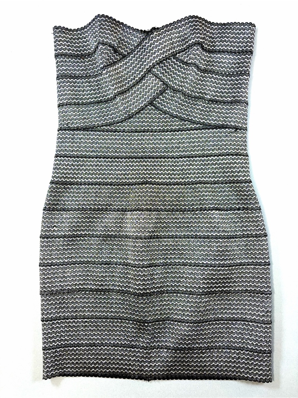 Sans Souci Silver and Black Strapless Bandage Dress Textured Bodycon Mini Retro